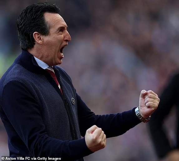 BIRMINGHAM, ENGLAND - OCTOBER 26: Unai Emery, Manager of Aston Villa, celebrates a goal scored by John McGinn of Aston Villa (not pictured) which was later disallowed after a VAR review during the Premier League match between Aston Villa FC and AFC Bournemouth at Villa Park on October 26, 2024 in Birmingham, England. (Photo by Aston Villa/Aston Villa FC via Getty Images)