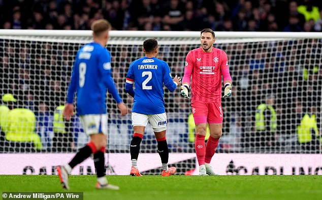 Jack Butland and James Tavernier have a heated conversation after conceding the opener