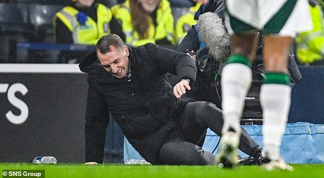 The Celtic manager slipped after booting the ball away in frustration at Hampden on Saturday