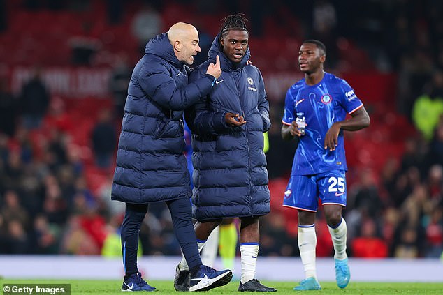 Meanwhile, Romeo Lavia (pictured, centre, with Maresca, left, and Caicedo in the background) is finally building up a run of starts