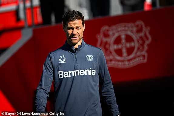 LEVERKUSEN, GERMANY - NOVEMBER 4: Headcoach Xabi Alonso of Leverkusen looks on during the UEFA Champions League 2024/25 League Phase MD4 training at the BayArena on November 4, 2024 in Leverkusen, Germany. (Photo by JÃ¶rg SchÃ¼ler/Bayer 04 Leverkusen via Getty Images)