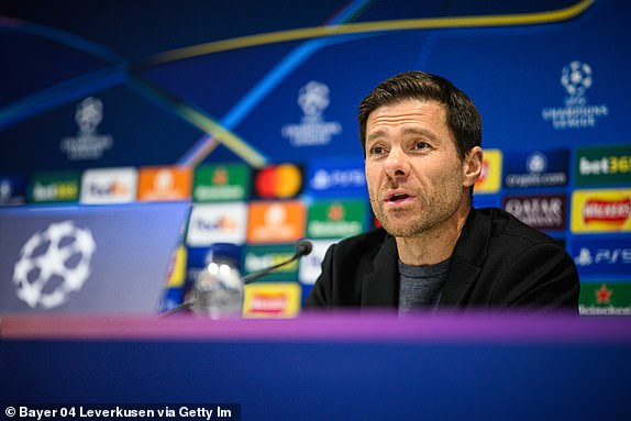 LIVERPOOL, ENGLAND - NOVEMBER 4: Headcoach Xabi Alonso of Leverkusen during the UEFA Champions League 2024/25 League Phase MD4 training and press conference at Anfield on November 4, 2024 in Liverpool, United Kingdom. (Photo by JÃ¶rg SchÃ¼ler/Bayer 04 Leverkusen via Getty Images)