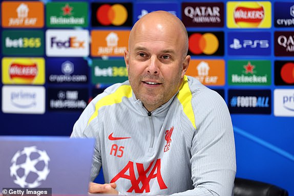 LIVERPOOL, ENGLAND - NOVEMBER 04: Liverpool manager Arne Slot speaks to the media during the UEFA Champions League 2024/25 League Phase MD4 press conference at Anfield Stadium on November 04, 2024 in Liverpool, England. (Photo by Jan Kruger/Getty Images)