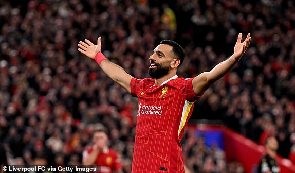 LIVERPOOL, ENGLAND - OCTOBER 02: (THE SUN OUT, THE SUN ON SUNDAY OUT) Mohamed Salah of Liverpool celebrating after scoring the second goal during the UEFA Champions League 2024/25 League Phase MD2 match between Liverpool FC and Bologna FC 1909 at Anfield on October 02, 2024 in Liverpool, England. (Photo by Andrew Powell/Liverpool FC via Getty Images)