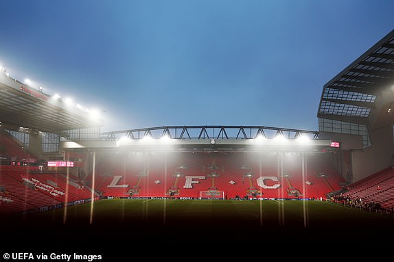 LIVERPOOL, ENGLAND - NOVEMBER 05: General view inside the stadium ahead of the UEFA Champions League 2024/25 League Phase MD4 match between Liverpool FC and Bayer 04 Leverkusen at Anfield on November 05, 2024 in Liverpool, England. (Photo by Naomi Baker - UEFA/UEFA via Getty Images)