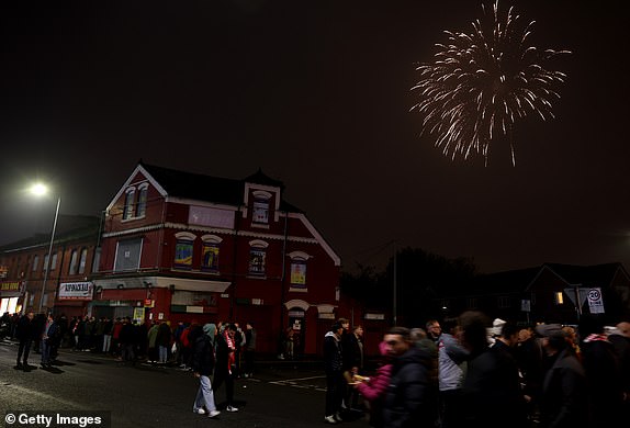 LIVERPOOL, ENGLAND - NOVEMBER 05: A general view outside the stadium as fireworks are seen in the local area prior to the UEFA Champions League 2024/25 League Phase MD4 match between Liverpool FC and Bayer 04 Leverkusen at Anfield on November 05, 2024 in Liverpool, England. (Photo by Carl Recine/Getty Images)