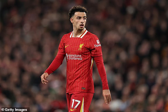 LIVERPOOL, ENGLAND - NOVEMBER 02: Curtis Jones of Liverpool in action during the Premier League match between Liverpool FC and Brighton & Hove Albion FC at Anfield on November 02, 2024 in Liverpool, England. (Photo by Jan Kruger/Getty Images)