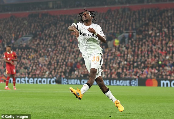 LIVERPOOL, ENGLAND - NOVEMBER 05: Jeremie Frimpong of Bayer 04 Leverkusen reacts after a goal is disallowed due to handball during the UEFA Champions League 2024/25 League Phase MD4 match between Liverpool FC and Bayer 04 Leverkusen at Anfield on November 05, 2024 in Liverpool, England. (Photo by Carl Recine/Getty Images)