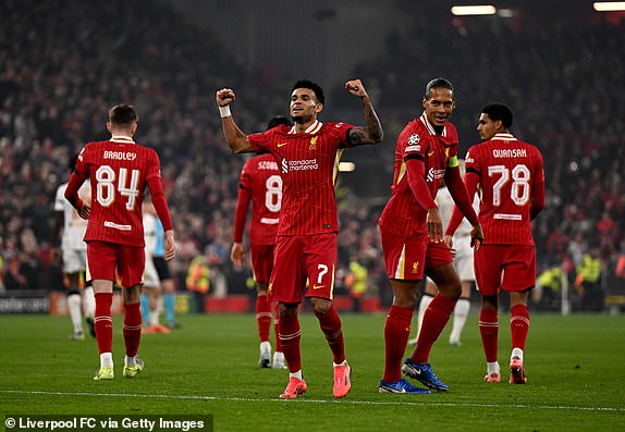 LIVERPOOL, ENGLAND - NOVEMBER 05: (THE SUN OUT, THE SUN ON SUNDAY OUT) Luis Diaz of Liverpool celebrating after scoring the fourth goal during the UEFA Champions League 2024/25 League Phase MD4 match between Liverpool FC and Bayer 04 Leverkusen at Anfield on November 05, 2024 in Liverpool, England. (Photo by Andrew Powell/Liverpool FC via Getty Images)