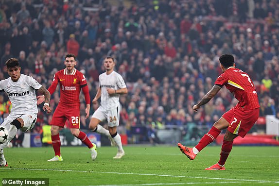 LIVERPOOL, ENGLAND - NOVEMBER 5: Luis Diaz of Liverpool scores a goal to make it 4-0 during the UEFA Champions League 2024/25 League Phase MD4 match between Liverpool FC and Bayer 04 Leverkusen at Anfield on November 5, 2024 in Liverpool, England. (Photo by Robbie Jay Barratt - AMA/Getty Images)