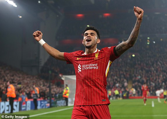 LIVERPOOL, ENGLAND - NOVEMBER 5: Luis Diaz of Liverpool goal celebration after scoring to put Liverpool 4-0 ahead during the UEFA Champions League 2024/25 League Phase MD4 match between Liverpool FC and Bayer 04 Leverkusen at Anfield on November 5, 2024 in Liverpool, England. (Photo by Crystal Pix/MB Media/Getty Images)