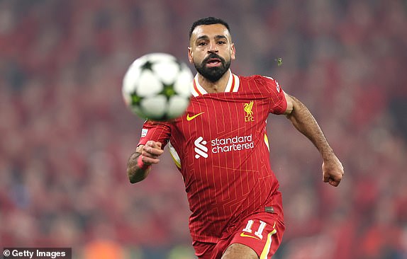 LIVERPOOL, ENGLAND - NOVEMBER 05: Mohamed Salah of Liverpool chases a loose ball during the UEFA Champions League 2024/25 League Phase MD4 match between Liverpool FC and Bayer 04 Leverkusen at Anfield on November 05, 2024 in Liverpool, England. (Photo by Carl Recine/Getty Images)