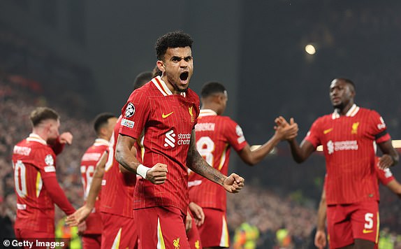 LIVERPOOL, ENGLAND - NOVEMBER 05: Luis Diaz of Liverpool celebrates scoring his team's first goal during the UEFA Champions League 2024/25 League Phase MD4 match between Liverpool FC and Bayer 04 Leverkusen at Anfield on November 05, 2024 in Liverpool, England. (Photo by Carl Recine/Getty Images)