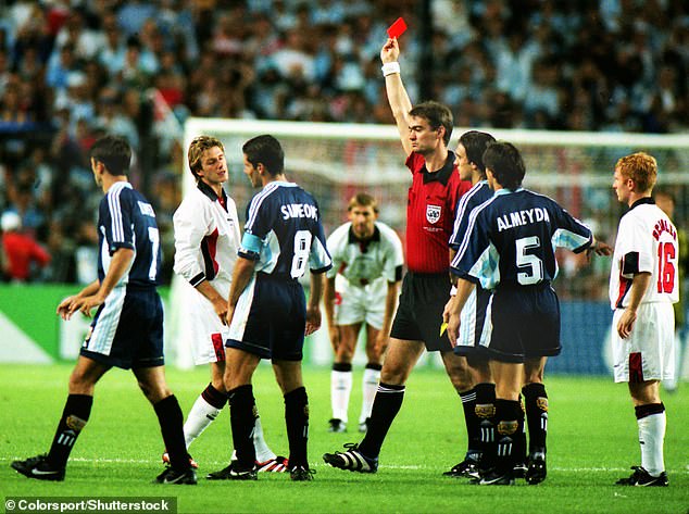 David was sent off against Argentina after kicking the back of Diego Simeone 's leg, lashing out at the Argentina captain after he had shoved him to the ground