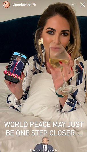 During the night, Victoria Baker-Harber shared a selfie of herself in bed sipping wine with the words 'world peace may just be one step closer' and pictures of Trump.