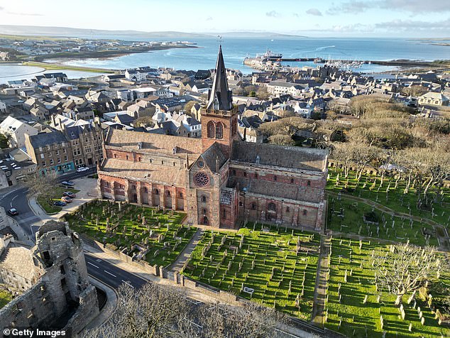 An aerial view of St Magnus Cathedral in Kirkwall, the main town of Orkney, a group of islands off the north coast of mainland Scotland