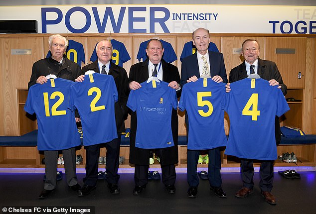 He later frequently appeared with ex-Chelsea stars at Stamford Bridge for events (pictured: second from right with Marvin Hinton, Ron Harris, Tommy Baldwin and John Hollins in 2020)