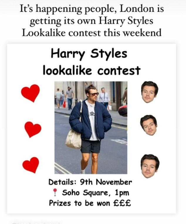 A post for the Harry Styles contest revealed that the event would be taking place on November 9 at Soho Square from 1pm with 'prizes to be won'