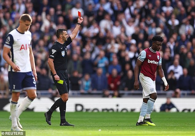 Mohammed Kudus was dismissed for violent conduct in West Ham's 4-1 defeat by Tottenham last month