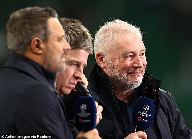 He joined Darren Fletcher (left) and Ally McCoist (right) on TNT Sports' commentary team