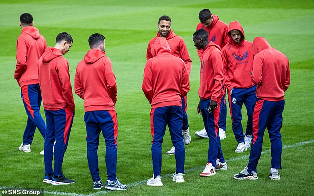 The Rangers squad get a feel for the pitch at the Georgios Karaiskakis Stadium