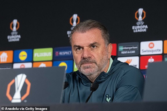 ISTANBUL, TURKIYE - NOVEMBER 06: Ange Postecoglou of Tottenham attends a press conference ahead of the UEFA Europa League football match between Galatasaray and Tottenham at RAMS Park in Istanbul, Turkiye on November 06, 2024. (Photo by Mehmet Murat Onel/Anadolu via Getty Images)