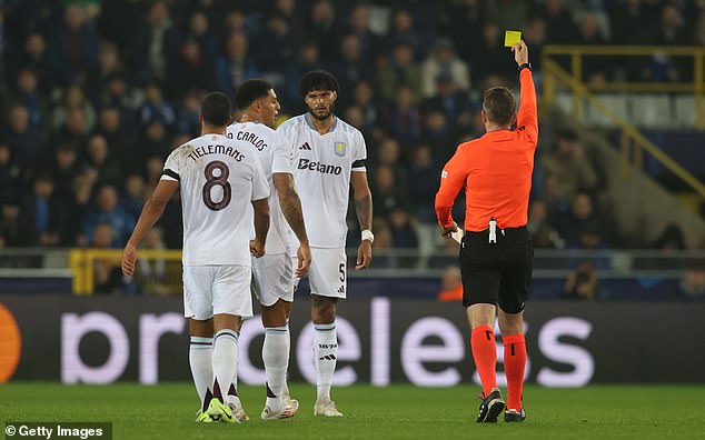 Villa lost 1-0 against Brugge, with Tyrone Mings (centre) giving away a controversial penalty