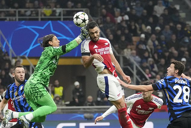 Gunners midfielder Mikel Merino (middle) has been nursing a head injury after clashing with Inter Milan goalkeeper Yann Sommer (left) in midweek