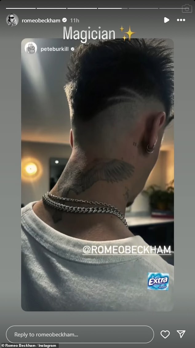 The 22-year-old son of David and Victoria Beckham displayed a large wing tattoo on his neck along with writing going down his spine