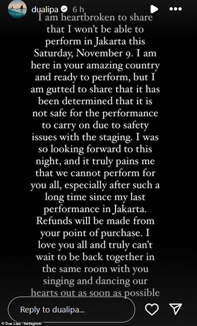 in a statement shared on Friday, the hitmaker confirmed her show would not be going ahead and said it 'truly pains' her