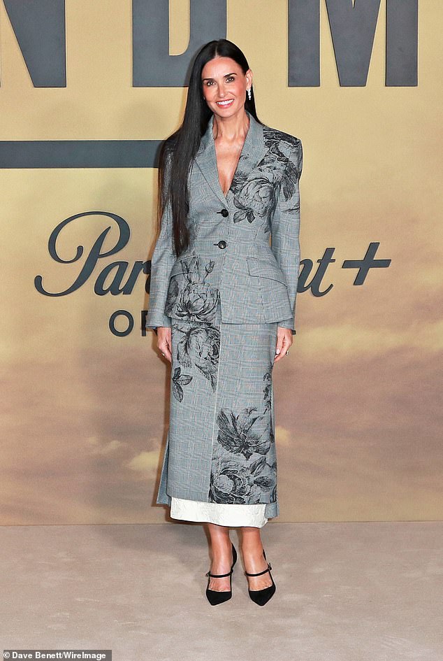 The actress, 61, looked incredible in a grey blazer with a floral print which she wore with a matching skirt