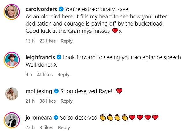 Raye was inundated with well wishes from her celebrity followers including Jade Thirlwall who wrote: 'All the flowers angel'