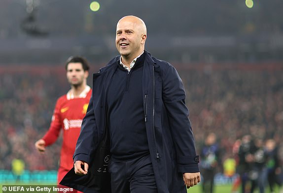 LIVERPOOL, ENGLAND - NOVEMBER 05: Arne Slot, Manager of Liverpool, looks on at full-time following the team's victory in the UEFA Champions League 2024/25 League Phase MD4 match between Liverpool FC and Bayer 04 Leverkusen at Anfield on November 05, 2024 in Liverpool, England. (Photo by Naomi Baker - UEFA/UEFA via Getty Images)