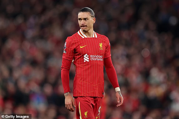 LIVERPOOL, ENGLAND - NOVEMBER 02: Darwin Nunez of Liverpool in action during the Premier League match between Liverpool FC and Brighton & Hove Albion FC at Anfield on November 02, 2024 in Liverpool, England. (Photo by Jan Kruger/Getty Images)