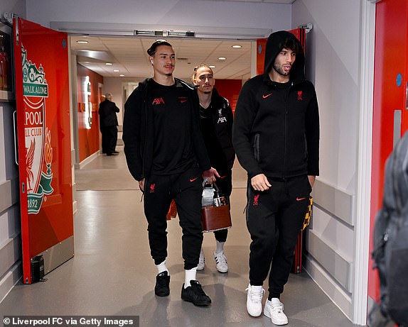 LIVERPOOL, ENGLAND - NOVEMBER 09: (THE SUN OUT, THE SUN ON SUNDAY OUT) Darwin Nunez, Dominik Szoboszlai and Kostas Tsimikas of Liverpool arriving before the Premier League match between Liverpool FC and Aston Villa FC at Anfield on November 09, 2024 in Liverpool, England. (Photo by Andrew Powell/Liverpool FC via Getty Images)