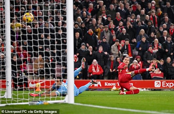 LIVERPOOL, ENGLAND - NOVEMBER 09: (THE SUN OUT, THE SUN ON SUNDAY OUT) Darwin Nunez of Liverpool scoring the opening goal during the Premier League match between Liverpool FC and Aston Villa FC at Anfield on November 09, 2024 in Liverpool, England. (Photo by Andrew Powell/Liverpool FC via Getty Images)