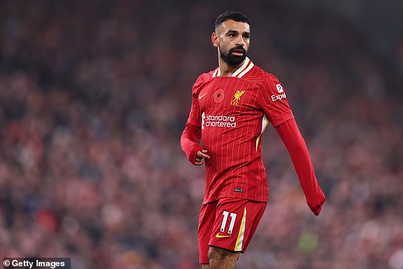 LIVERPOOL, ENGLAND - NOVEMBER 9: Mohamed Salah of Liverpool during the Premier League match between Liverpool FC and Aston Villa FC at Anfield on November 9, 2024 in Liverpool, England. (Photo by Robbie Jay Barratt - AMA/Getty Images)