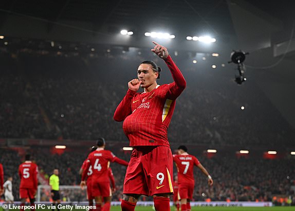 LIVERPOOL, ENGLAND - NOVEMBER 09: (THE SUN OUT, THE SUN ON SUNDAY OUT) Darwin Nunez of Liverpool celebrating after scoring the opening goal during the Premier League match between Liverpool FC and Aston Villa FC at Anfield on November 09, 2024 in Liverpool, England. (Photo by John Powell/Liverpool FC via Getty Images)