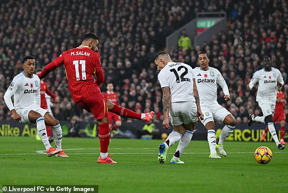 LIVERPOOL, ENGLAND - NOVEMBER 09: (THE SUN OUT, THE SUN ON SUNDAY OUT) Mohamed Salah of Liverpool in action during the Premier League match between Liverpool FC and Aston Villa FC at Anfield on November 09, 2024 in Liverpool, England. (Photo by John Powell/Liverpool FC via Getty Images)