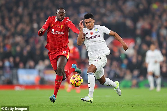 LIVERPOOL, ENGLAND - NOVEMBER 09: Ollie Watkins of Aston Villa battles for possession with Ibrahima Konate of Liverpool during the Premier League match between Liverpool FC and Aston Villa FC at Anfield on November 09, 2024 in Liverpool, England. (Photo by James Gill - Danehouse/Getty Images)