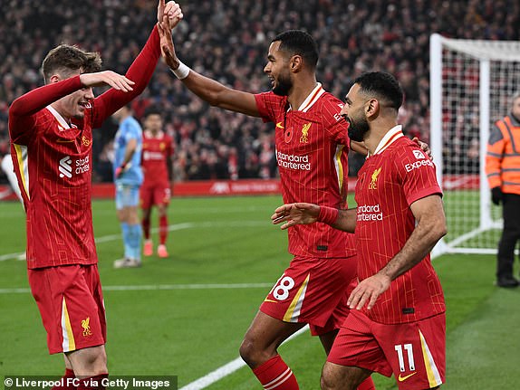 LIVERPOOL, ENGLAND - NOVEMBER 09: (THE SUN OUT, THE SUN ON SUNDAY OUT) Mohamed Salah of Liverpool celebrating after scoring the second goal during the Premier League match between Liverpool FC and Aston Villa FC at Anfield on November 09, 2024 in Liverpool, England. (Photo by John Powell/Liverpool FC via Getty Images)