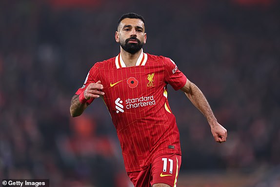 LIVERPOOL, ENGLAND - NOVEMBER 9: Mohamed Salah of Liverpool during the Premier League match between Liverpool FC and Aston Villa FC at Anfield on November 9, 2024 in Liverpool, England. (Photo by Robbie Jay Barratt - AMA/Getty Images)