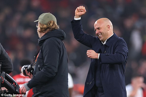 LIVERPOOL, ENGLAND - NOVEMBER 9: Arne Slot manager / head coach of Liverpool celebrates at full time during the Premier League match between Liverpool FC and Aston Villa FC at Anfield on November 9, 2024 in Liverpool, England. (Photo by Robbie Jay Barratt - AMA/Getty Images)