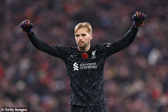 LIVERPOOL, ENGLAND - NOVEMBER 9:  Caoimhin Kelleher of Liverpool celebrates during the Premier League match between Liverpool FC and Aston Villa FC at Anfield on November 9, 2024 in Liverpool, England. (Photo by Robbie Jay Barratt - AMA/Getty Images)