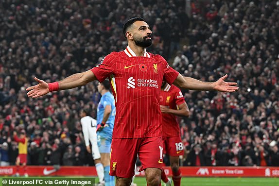 LIVERPOOL, ENGLAND - NOVEMBER 09: (THE SUN OUT, THE SUN ON SUNDAY OUT) Mohamed Salah of Liverpool celebrating after scoring the second goal during the Premier League match between Liverpool FC and Aston Villa FC at Anfield on November 09, 2024 in Liverpool, England. (Photo by John Powell/Liverpool FC via Getty Images)