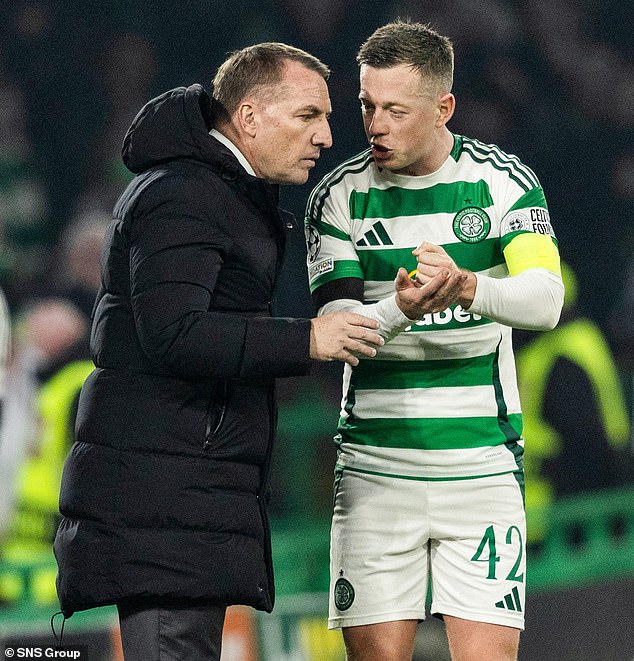 Rodgers and McGregor consult during the win over Leipzig and will now be resetting targets