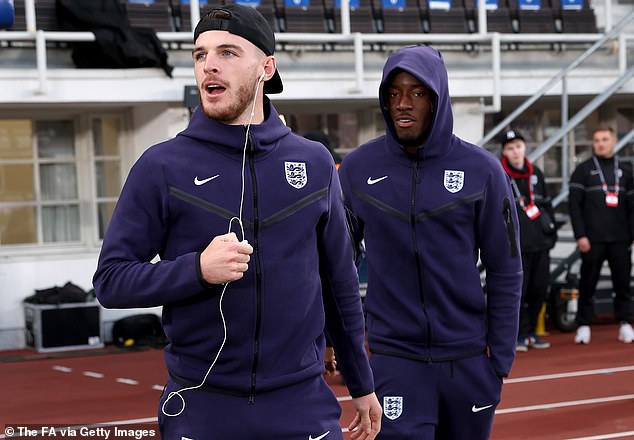 Madueke will again link up with Rice (left) and Saka when England stars come together for their latest camp next week