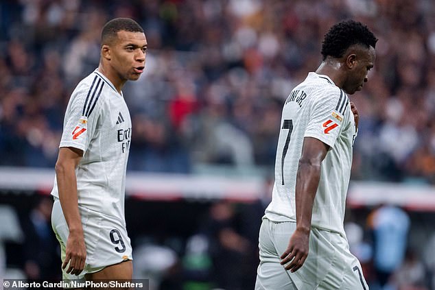 Kylian Mbappe (left) and Vinicius Jr (right) pictured playing for Real Madrid on Saturday