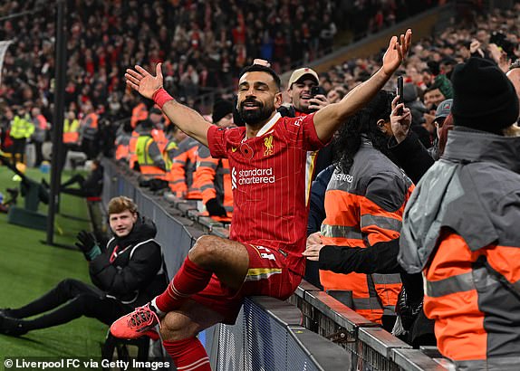 LIVERPOOL, ENGLAND - NOVEMBER 09: (THE SUN OUT, THE SUN ON SUNDAY OUT) Mohamed Salah of Liverpool celebrating after scoring the second goal during the Premier League match between Liverpool FC and Aston Villa FC at Anfield on November 09, 2024 in Liverpool, England. (Photo by John Powell/Liverpool FC via Getty Images)