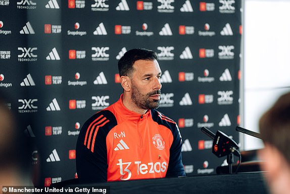 MANCHESTER, ENGLAND - NOVEMBER 08: (EXCLUSIVE COVERAGE) Interim Head Coach Ruud van Nistelrooy of Manchester United speaks during a press conference at Carrington Training Ground on November 08, 2024 in Manchester, England.  (Photo by Zohaib Alam - MUFC/Manchester United via Getty Images)